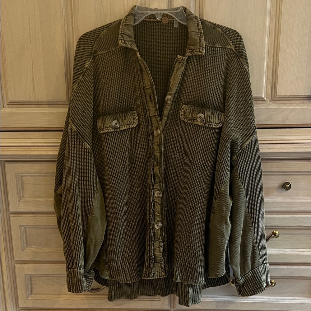 Free People Olive Green waffle Weave Shirt Jacket